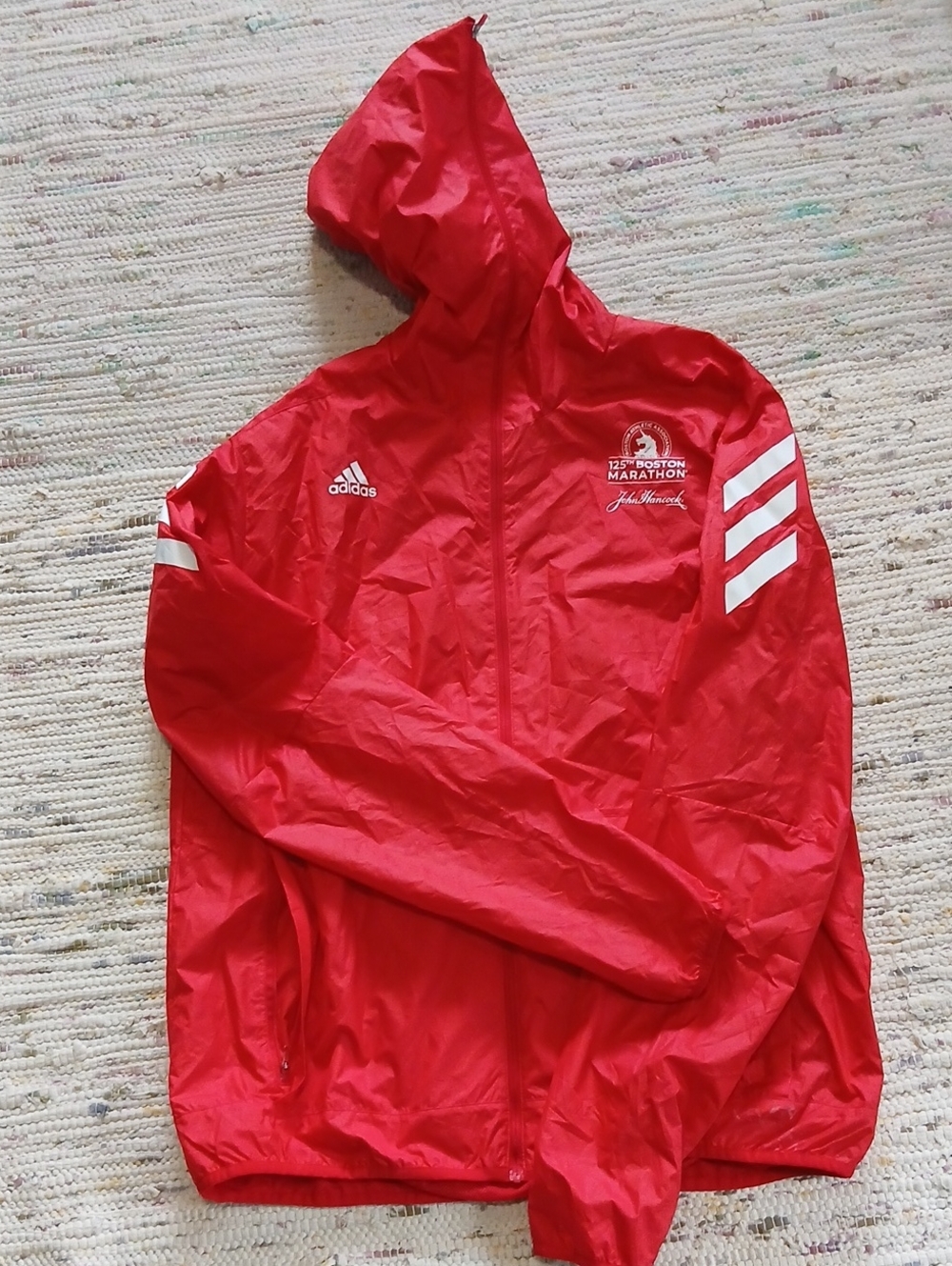 adidas Red Hooded Marathon Windbreaker with White Stripes